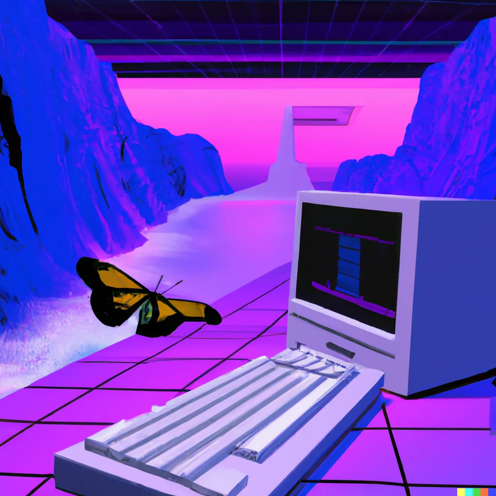 Neon and vaporwave depiction of a stylized 90s computer on a mountain top with waterfall